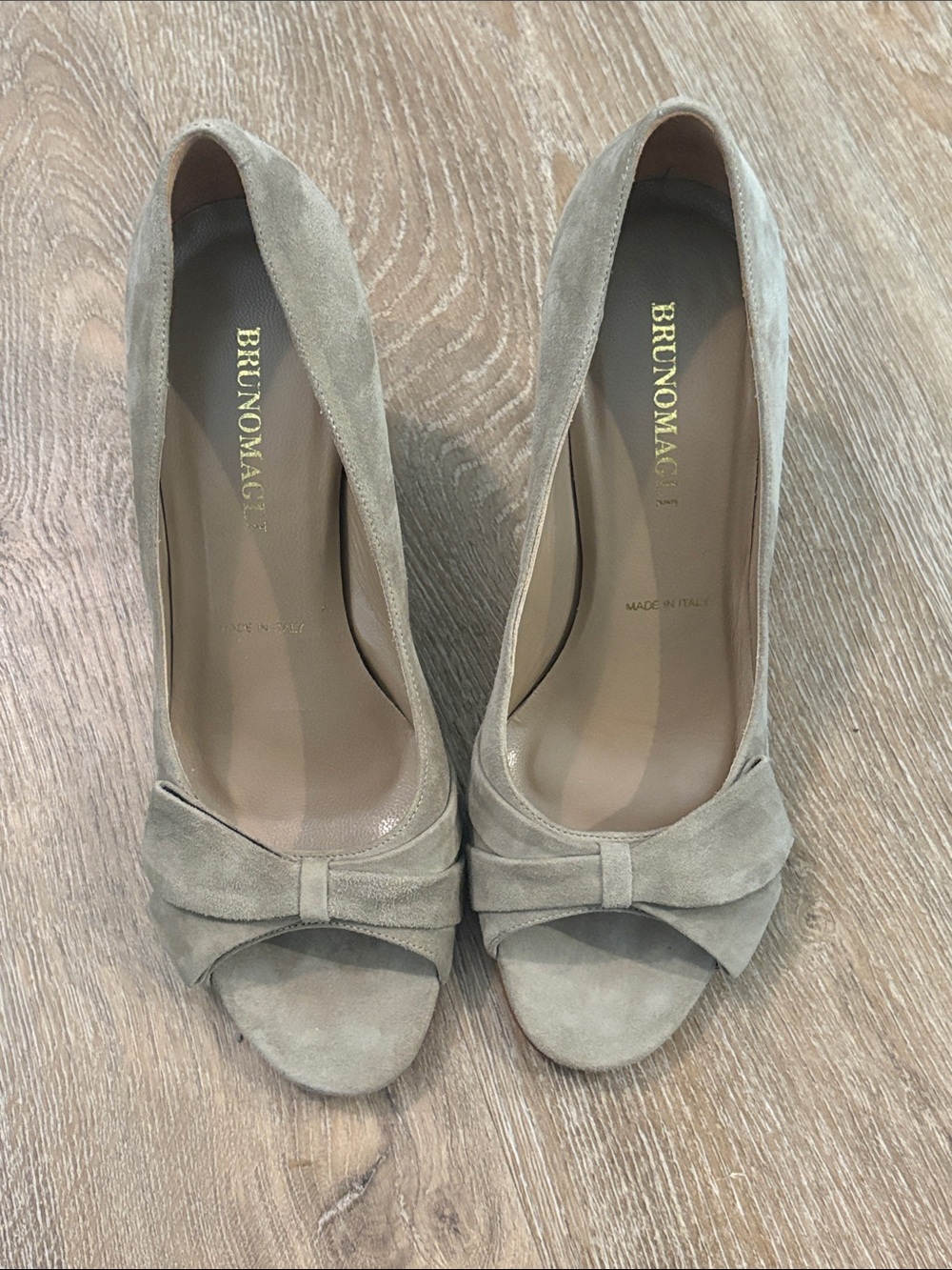 Bruno Magli Taupe Suede Peep-Toe Pumps with Bow Accent